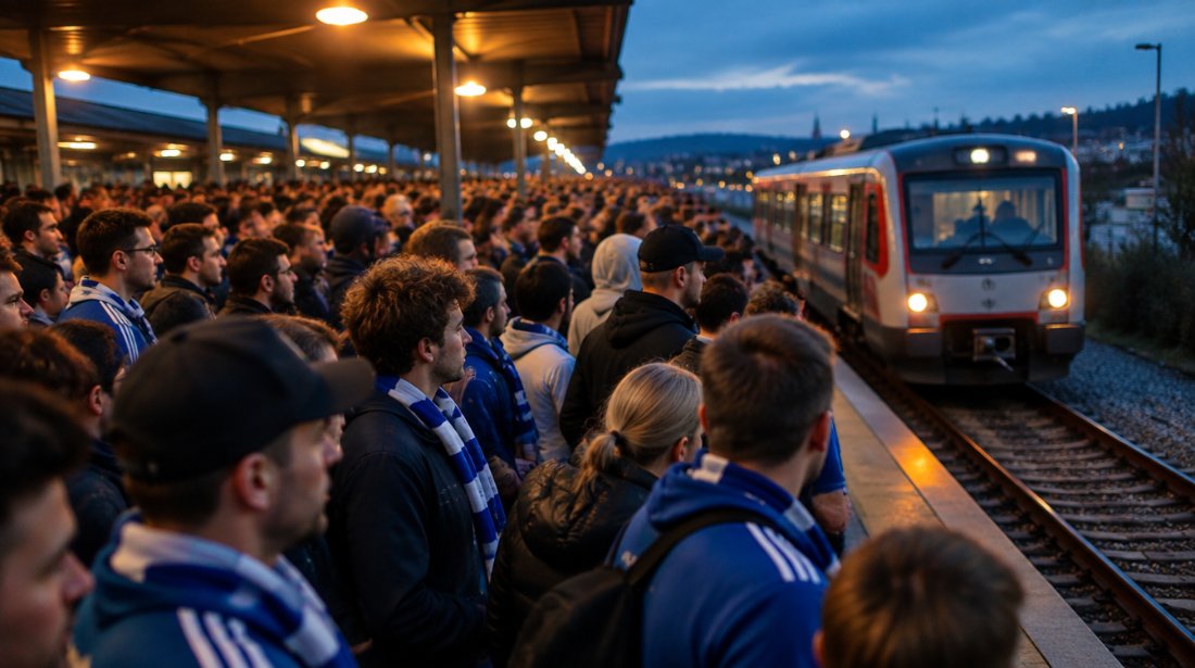 Fußballfans warten am Abend auf einem Bahnsteig