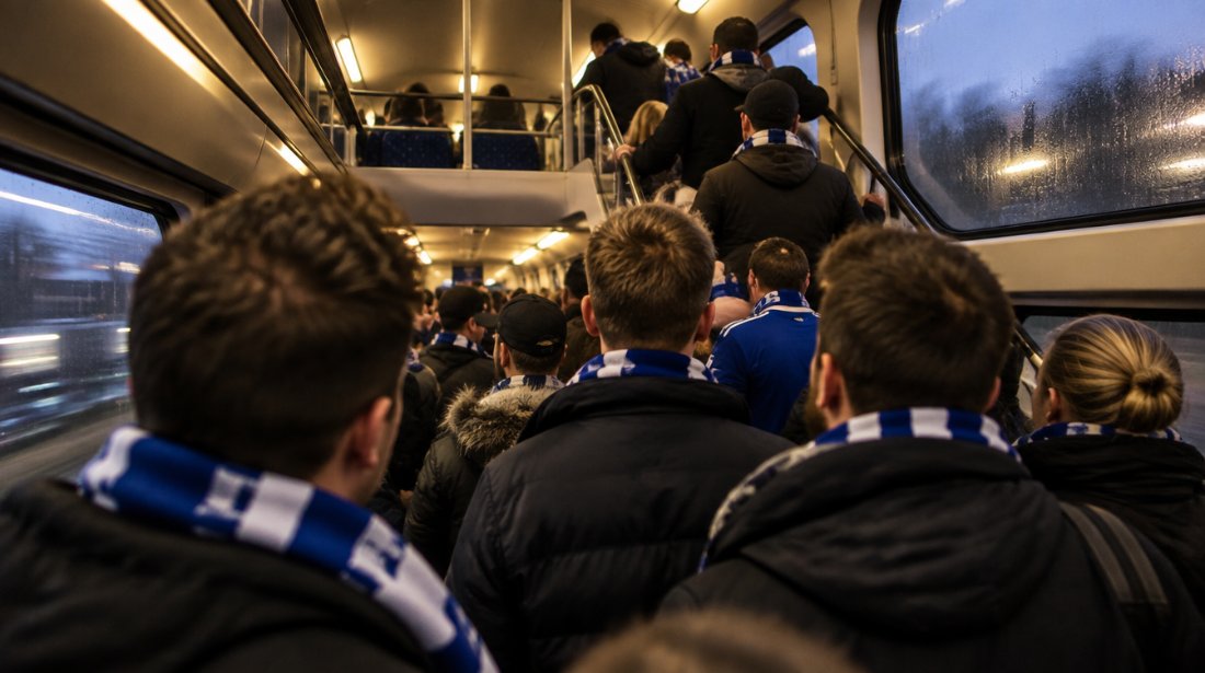 Überfüllter Doppelstock-Regionalzug mit Fußballfans