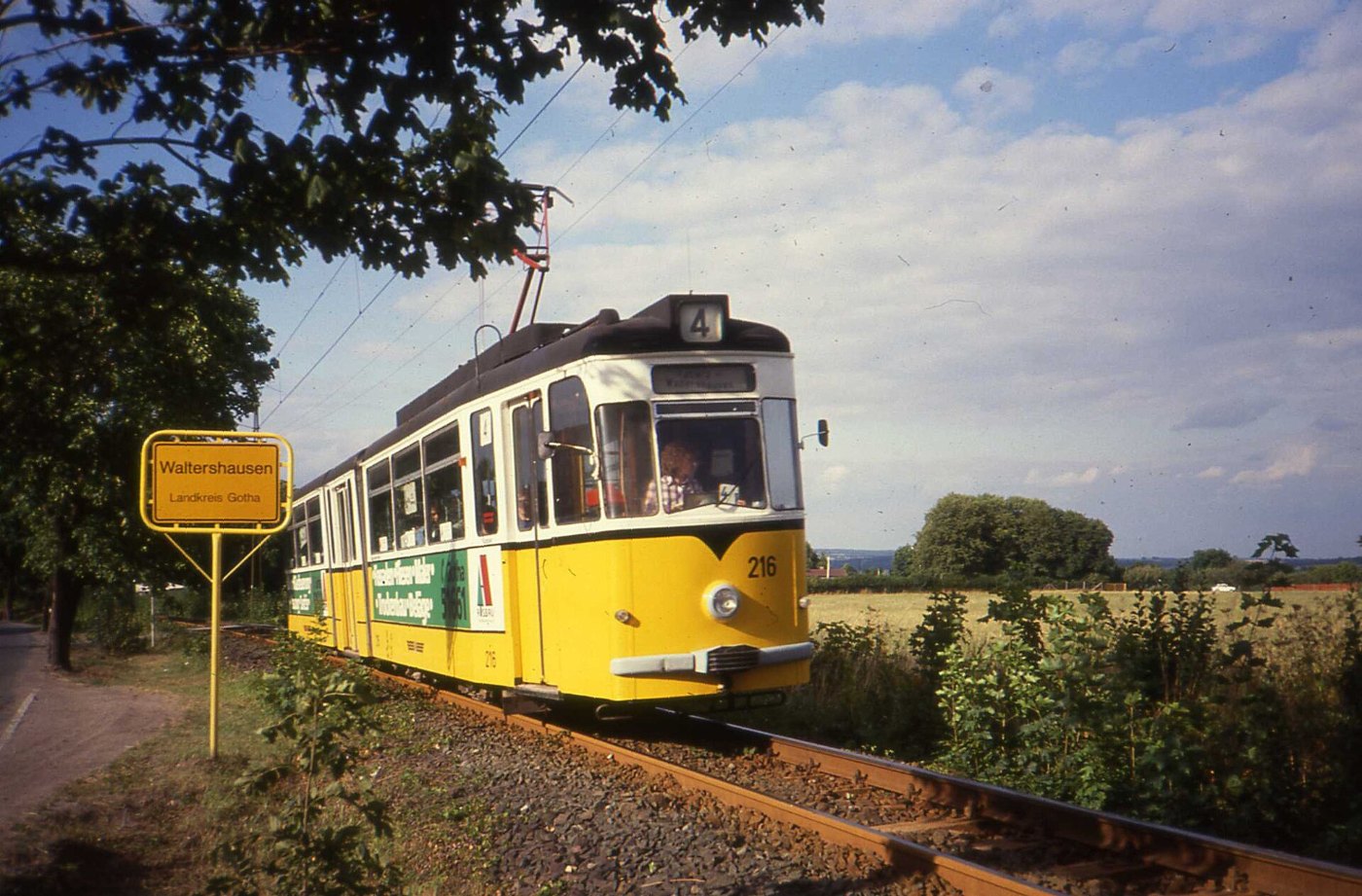 Thüringerwaldbahn Tram 216 leaves Waltershausen, Aug 1990