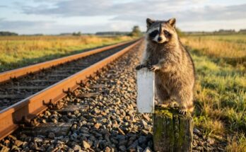 Waschbär stützt sich an einem weißen Streckenpfosten neben dem Gleis ab – 100 Auftritte sind eine Strecke, keine Frage des Talents