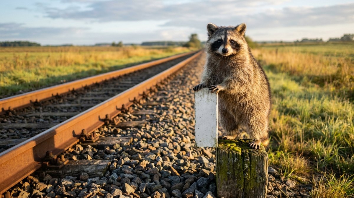 Waschbär stützt sich an einem weißen Streckenpfosten neben dem Gleis ab – 100 Auftritte sind eine Strecke, keine Frage des Talents