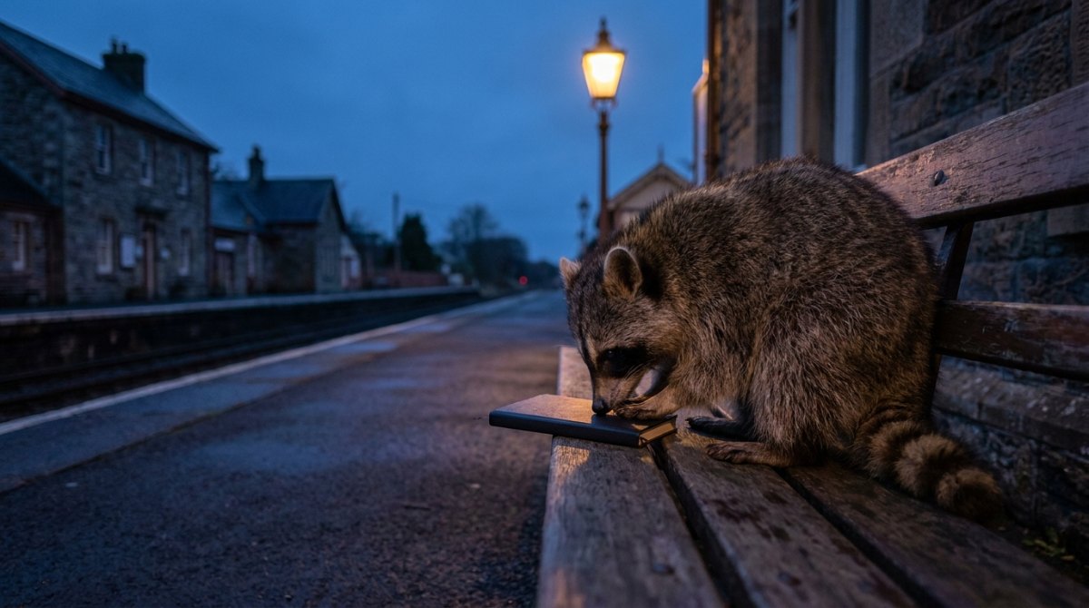 Waschbär beschnuppert ein schwarzes Notizheft auf einer Bank am Landbahnhof – ein Fahrtenbuch für 100 Auftritte