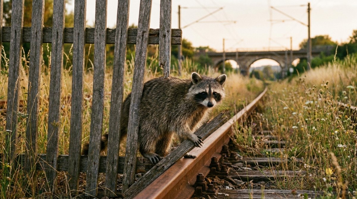 Waschbär schlüpft durch eine Lücke im Holzzaun an einer Bahnstrecke – Abkürzungen jenseits vom Slam-Workshop