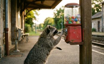 Waschbär greift nach dem Drehknopf eines Kapselautomaten am Bahnsteig – 99 Ideen als Inspiration für Poetry Slam