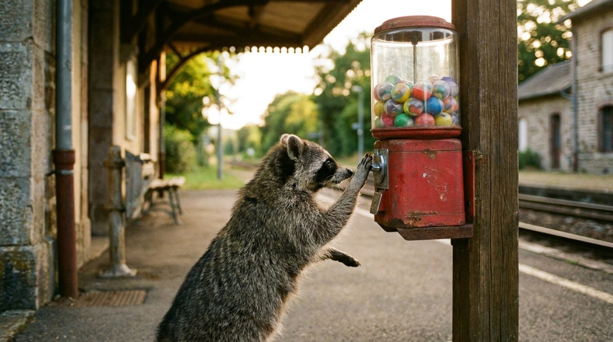 Waschbär greift nach dem Drehknopf eines Kapselautomaten am Bahnsteig – 99 Ideen als Inspiration für Poetry Slam
