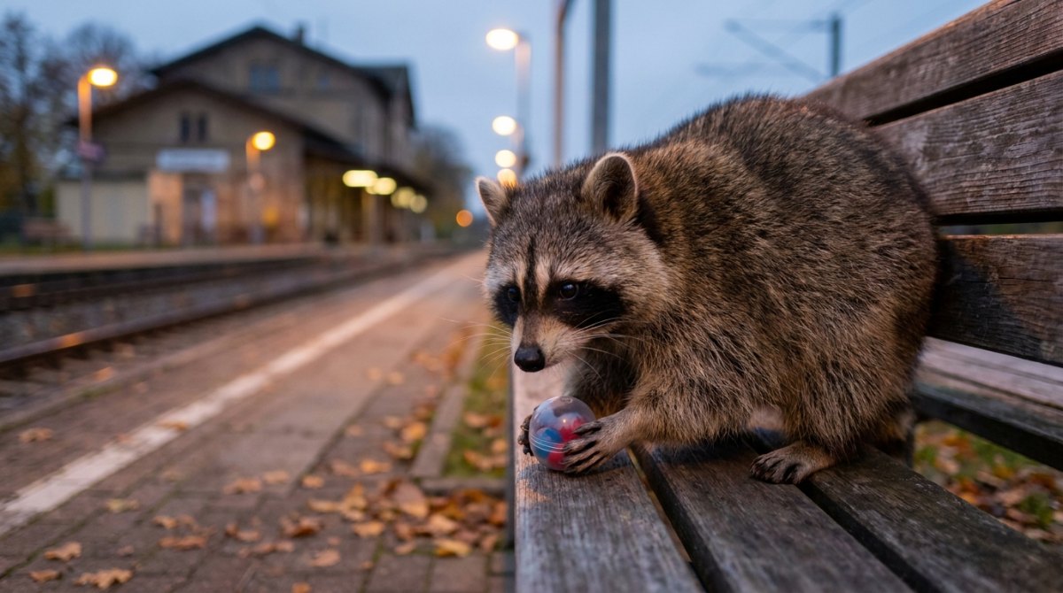 Waschbär hält auf einer Bahnsteigbank eine bunte Kapsel in den Pfoten – Inspiration für den nächsten Poetry Slam