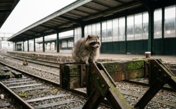 Poetry Slam zur Abifeier: ein Waschbär sitzt auf dem Prellbock am Ende eines Gleises