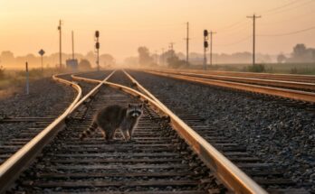 Poetry Slam im Abitur: ein Waschbär sitzt auf den Gleisen, wo eine Nebenbahn in die Hauptstrecke mündet