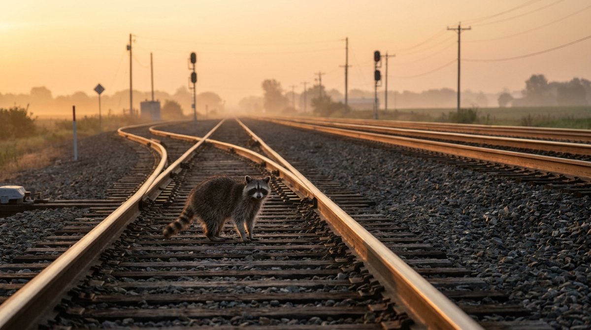 Poetry Slam im Abitur: ein Waschbär sitzt auf den Gleisen, wo eine Nebenbahn in die Hauptstrecke mündet