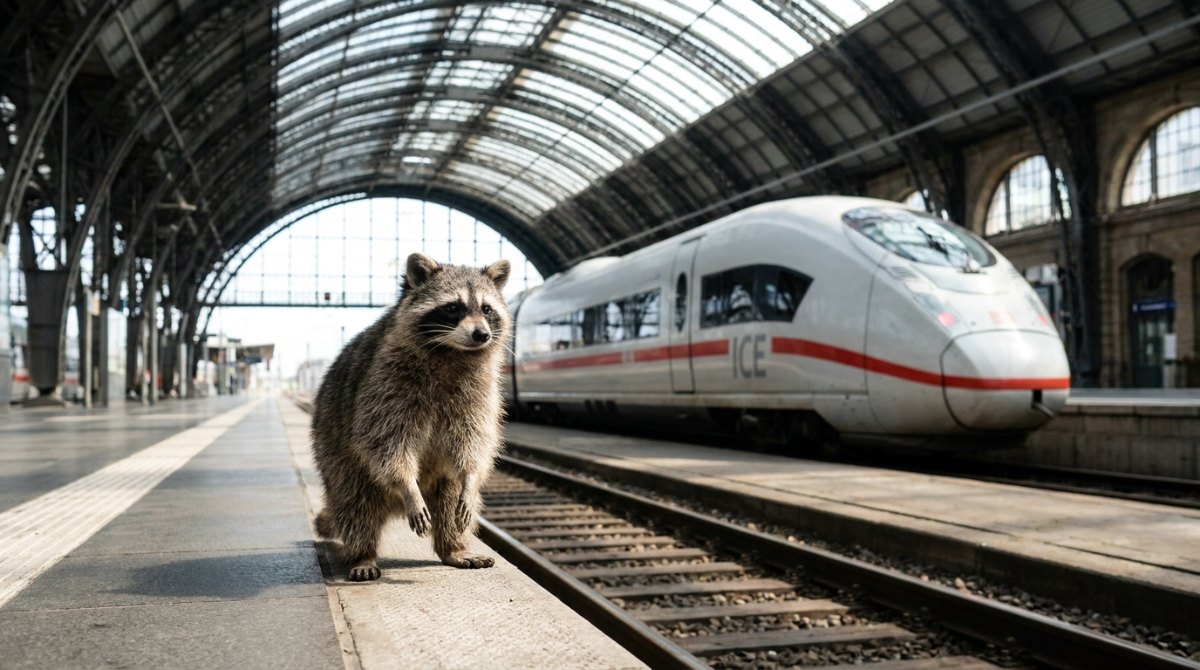 Ein Waschbär steht in der Halle eines großen Hauptbahnhofs neben einem ICE