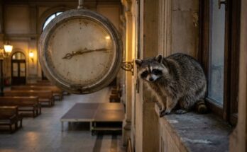 Poetry Slam Ablauf: ein Waschbär sitzt neben einer großen Bahnhofsuhr, dahinter Sitzreihen in der Bahnhofshalle