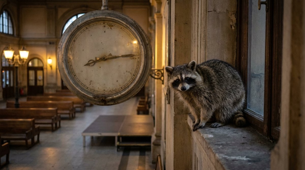 Poetry Slam Ablauf: ein Waschbär sitzt neben einer großen Bahnhofsuhr, dahinter Sitzreihen in der Bahnhofshalle