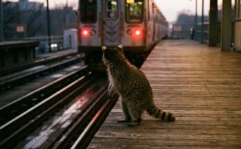 Poetry Slam zum Abschied: ein Waschbär schaut am Bahnsteig einem abfahrenden Zug nach