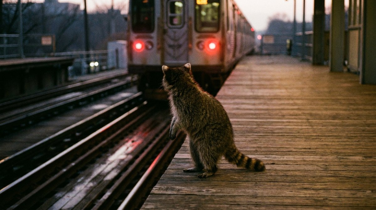Poetry Slam zum Abschied: ein Waschbär schaut am Bahnsteig einem abfahrenden Zug nach