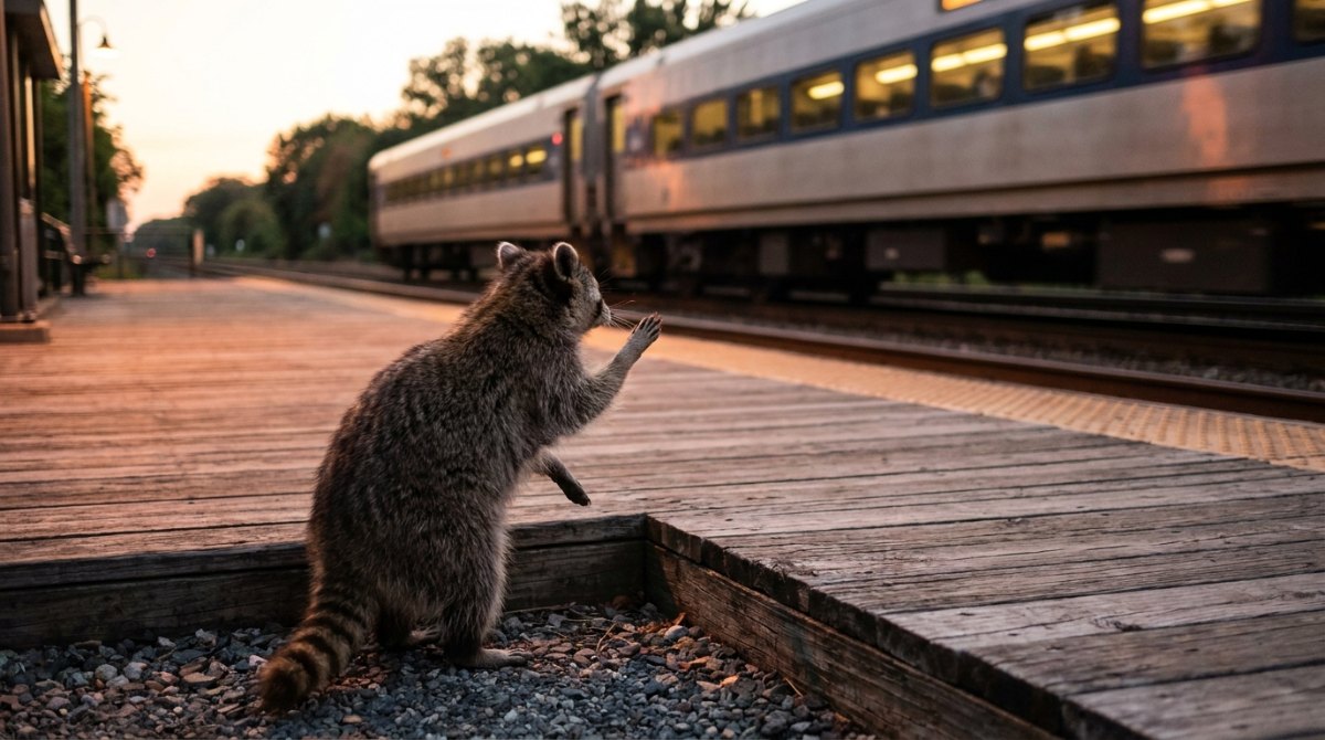 Ein Waschbär hebt am Bahnsteig eine Pfote, während der Zug abfährt