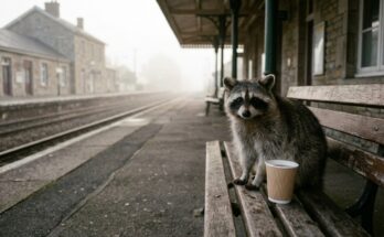 Achtsames Morden: Waschbär sitzt still auf einer Bank am nebligen Bahnsteig, daneben ein Becher Tee