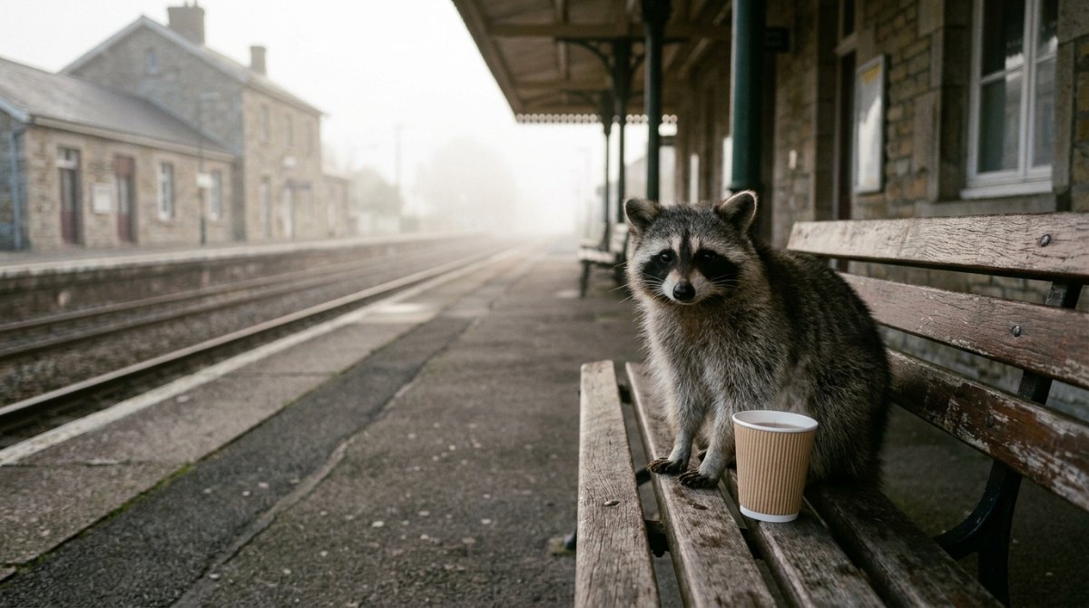 Achtsames Morden: Waschbär sitzt still auf einer Bank am nebligen Bahnsteig, daneben ein Becher Tee