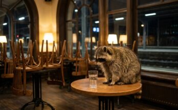 Alkohol vor Auftritt: Waschbär mit einem Glas Wasser im leeren Bahnhofscafé