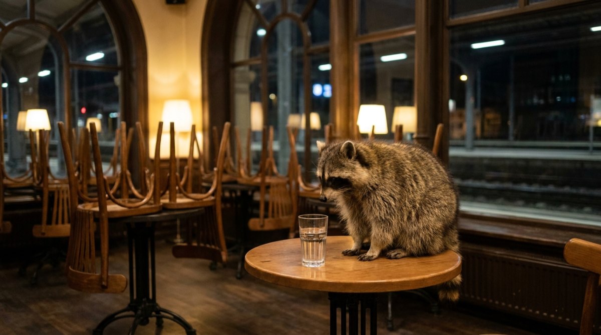 Alkohol vor Auftritt: Waschbär mit einem Glas Wasser im leeren Bahnhofscafé