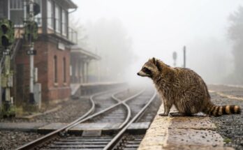 Waschbär sitzt allein an der Bahnsteigkante im Nebel – alleine denken lernen