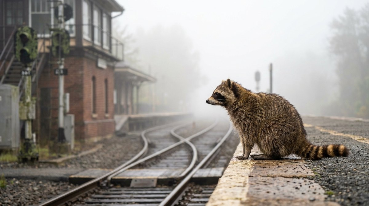 Waschbär sitzt allein an der Bahnsteigkante im Nebel – alleine denken lernen
