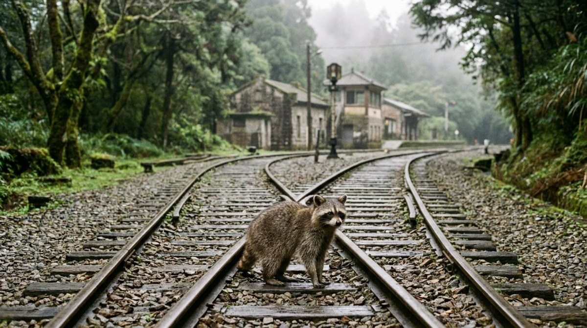 Waschbär an einer Gleisgabelung im Nebel – alleine denken lernen heißt selbst entscheiden
