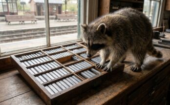 Alliteration dosieren: Waschbär untersucht einen alten Setzkasten in einer Museumsdruckerei am Bahnhof