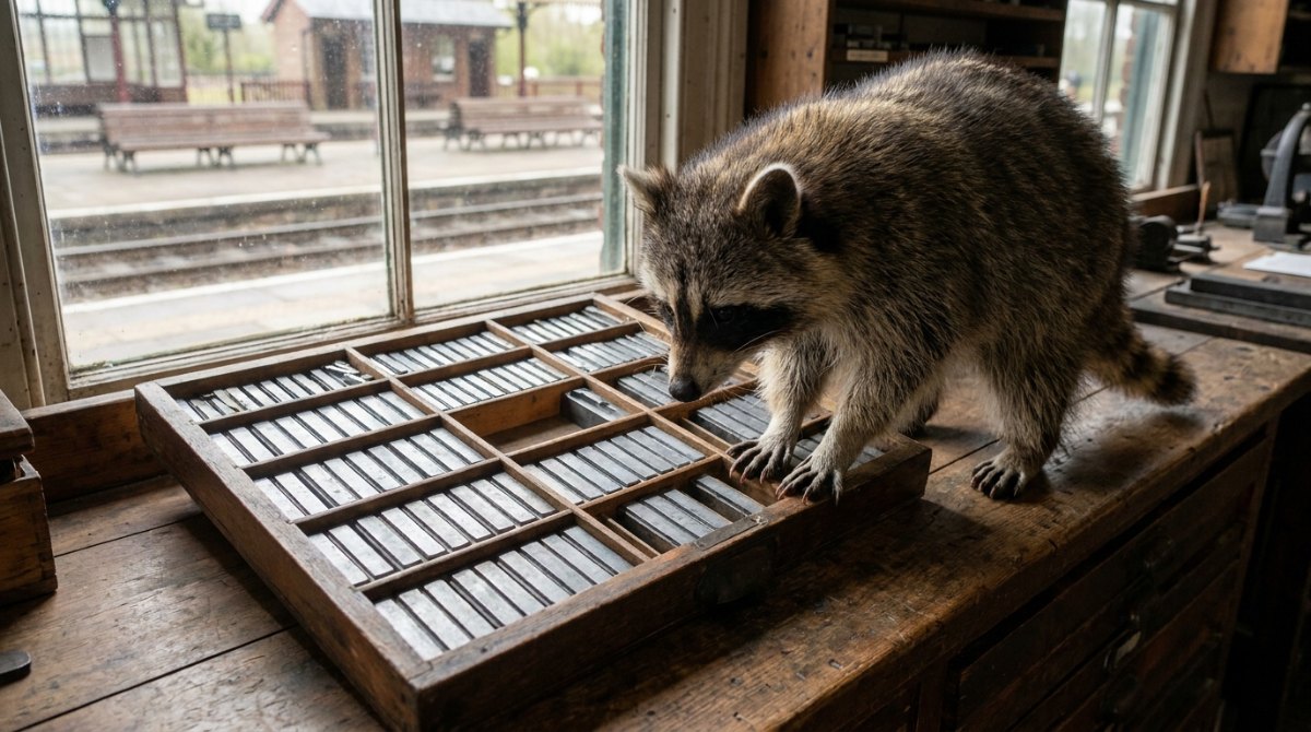 Alliteration dosieren: Waschbär untersucht einen alten Setzkasten in einer Museumsdruckerei am Bahnhof
