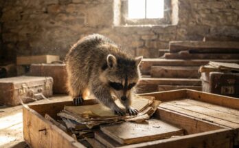 Alte Texte überarbeiten: Waschbär wühlt in einer Kiste mit alten Blättern auf dem Dachboden