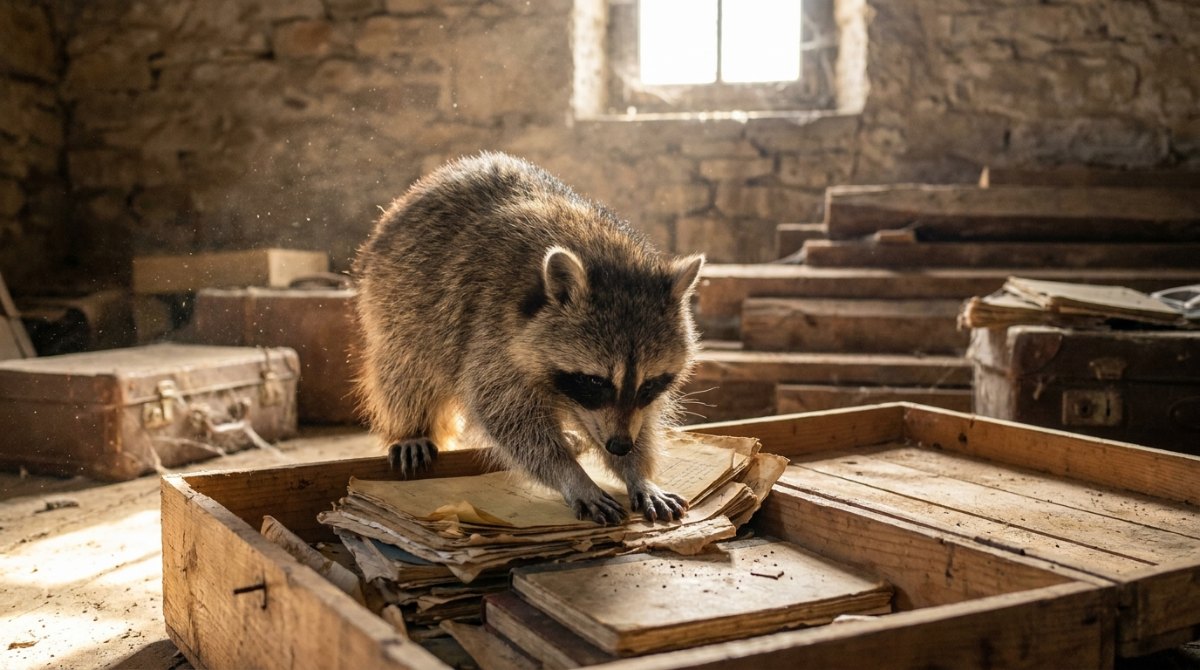 Alte Texte überarbeiten: Waschbär wühlt in einer Kiste mit alten Blättern auf dem Dachboden