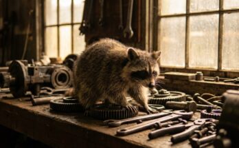 Einen Poetry-Slam-Text analysieren: ein Waschbär sitzt in einer Lokwerkstatt zwischen Werkzeug und Lokteilen
