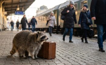 Waschbär mit altem Koffer auf einem belebten Bahnsteig, neugierig wie ein Neuling – Anfängerfehler beim Poetry Slam erkennt man sofort