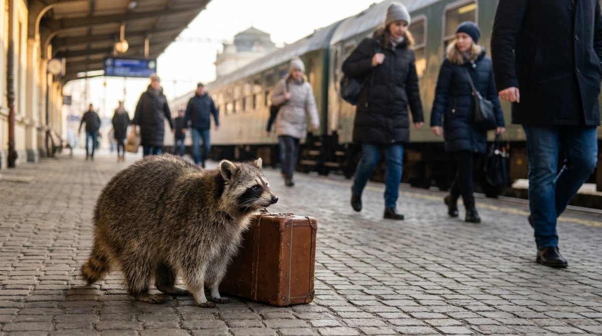 Waschbär mit altem Koffer auf einem belebten Bahnsteig, neugierig wie ein Neuling – Anfängerfehler beim Poetry Slam erkennt man sofort