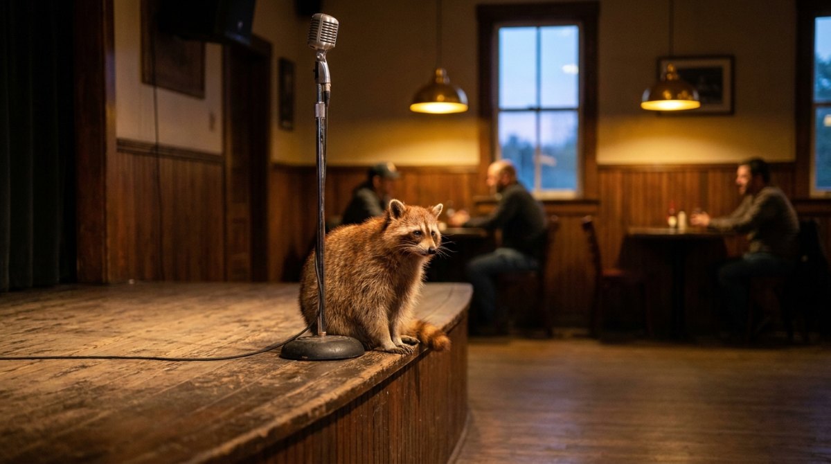Waschbär sitzt entspannt am Rand einer kleinen Bühne in einer Bahnhofsbar neben einem alten Mikrofon – ohne Anfängerfehler beim Poetry Slam