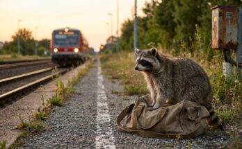 Anfahrt zum Auftritt: Waschbär auf einer Reisetasche am Bahnsteig, der Zug kommt