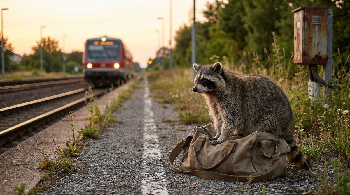 Anfahrt zum Auftritt: Waschbär auf einer Reisetasche am Bahnsteig, der Zug kommt