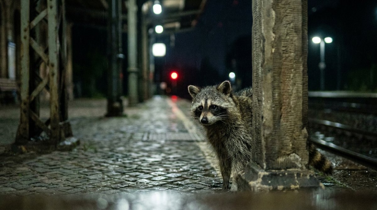 Waschb&auml;r z&ouml;gert &auml;ngstlich vor einem dunklen Tunnel