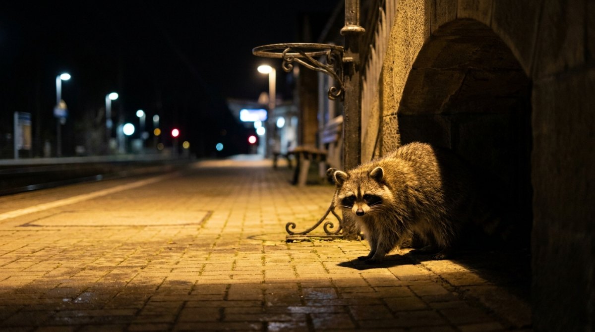 Waschb&auml;r kommt am Licht am Ende des Tunnels an