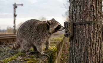 Angst vor der Kamera überwinden: Waschbär beschnuppert eine Wildkamera am Bahndamm