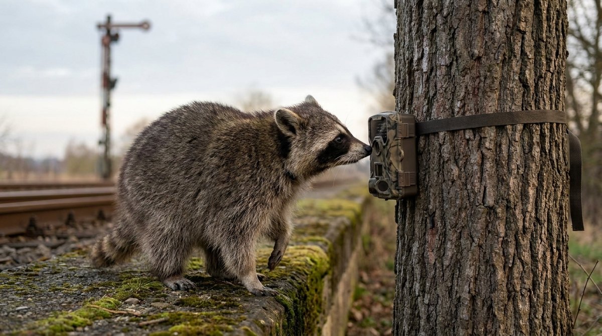 Angst vor der Kamera überwinden: Waschbär beschnuppert eine Wildkamera am Bahndamm