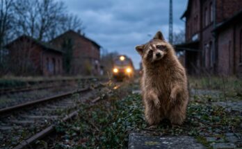 Applaus deuten: Waschbär lauscht aufgerichtet am Bahnsteig in der Dämmerung