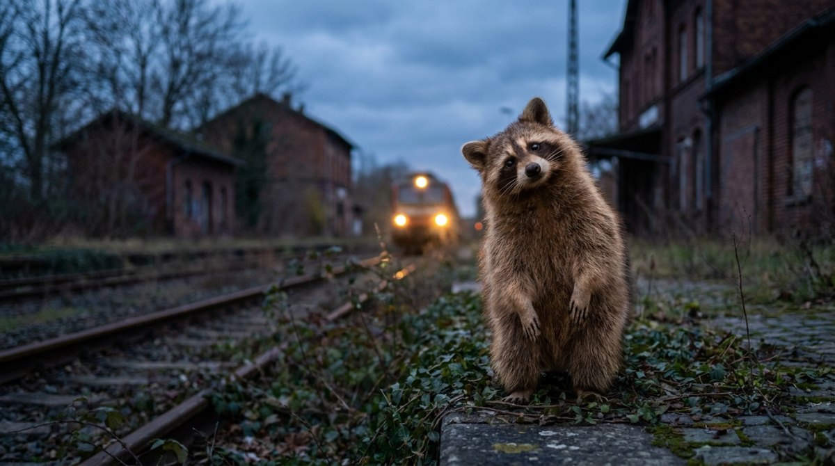 Applaus deuten: Waschbär lauscht aufgerichtet am Bahnsteig in der Dämmerung