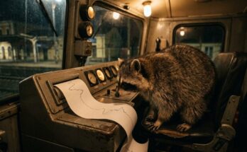 Applaus-Sucht auf dem Registrierstreifen: Waschbär im Führerstand einer alten Lok vor einem Papierstreifen mit Kurve