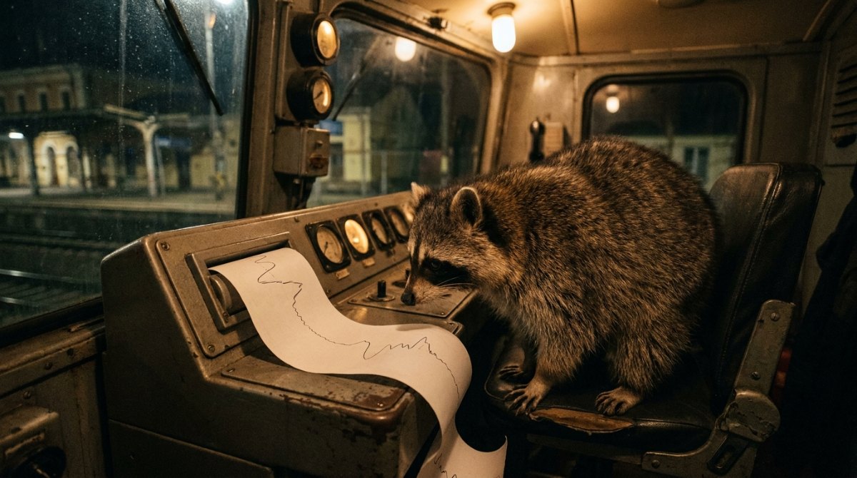Applaus-Sucht auf dem Registrierstreifen: Waschbär im Führerstand einer alten Lok vor einem Papierstreifen mit Kurve