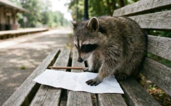 Das Poetry-Slam-Arbeitsblatt: ein Waschbär legt die Pfote auf ein Blatt Papier auf einer Bahnhofsbank