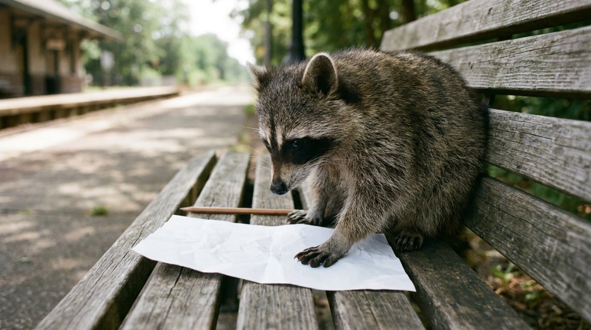 Das Poetry-Slam-Arbeitsblatt: ein Waschbär legt die Pfote auf ein Blatt Papier auf einer Bahnhofsbank