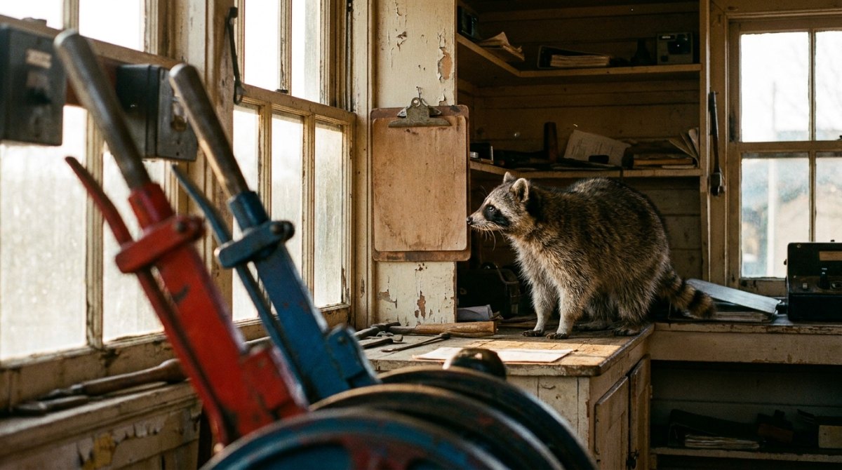 Ein Waschbär sitzt im Stellwerk zwischen den alten Stellhebeln