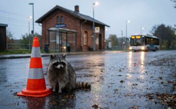 Auf der Bühne improvisieren: Ein Waschbär an einer Ersatzhaltestelle neben einem Leitkegel