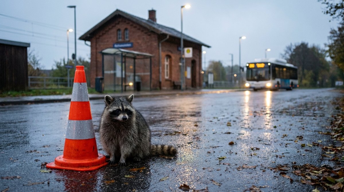 Auf der Bühne improvisieren: Ein Waschbär an einer Ersatzhaltestelle neben einem Leitkegel