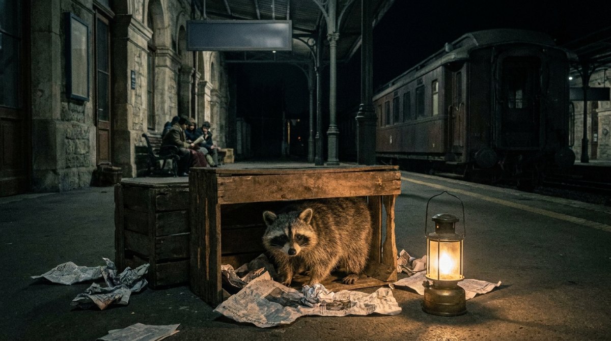 Auf der Bühne improvisieren: Ein Waschbär in einer Holzkiste auf dem dunklen Bahnsteig bei Stromausfall
